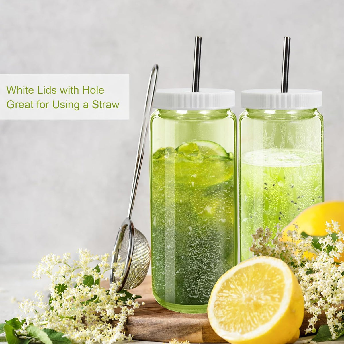 Ruckae Green 16oz 10 Pack Juice Bottles, Glass Bottles Juicing with Lids, Smoothie Cup Lids and Straws, Water Bottle Mason Jar Drinking Glasses for Juicing, Smoothies, Kombucha