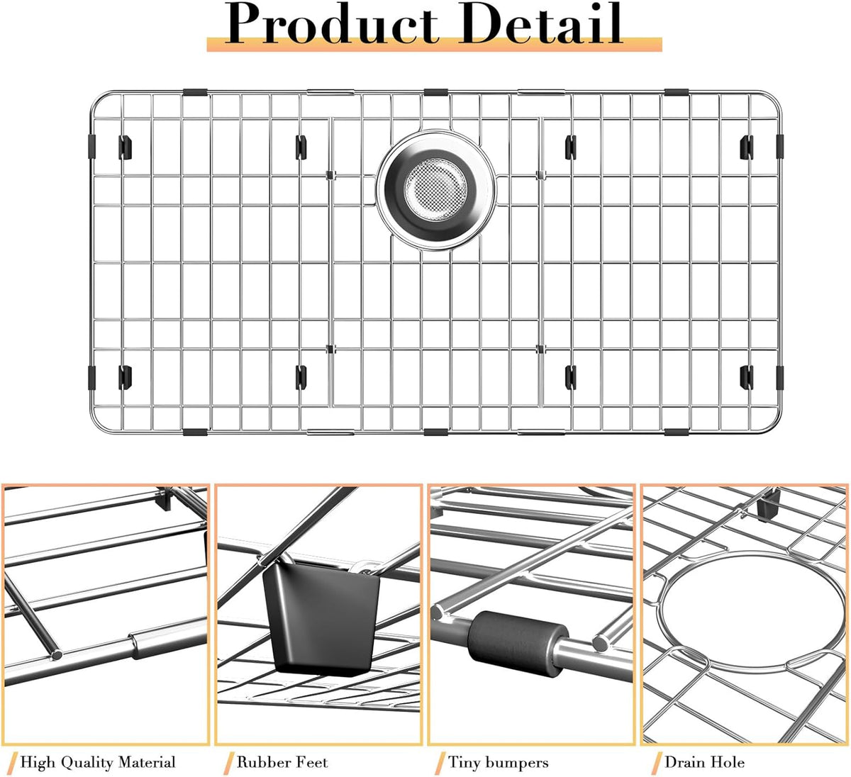 28-7/8’’ x 14-3/8’’ Stainless Steel Sink Protector, Sink Protectors for Kitchen Sink, Sink Grid, Sink Grate for Bottom with Rear Drain, Metal Sink Rack for Bottom of Sink with Corner Radius