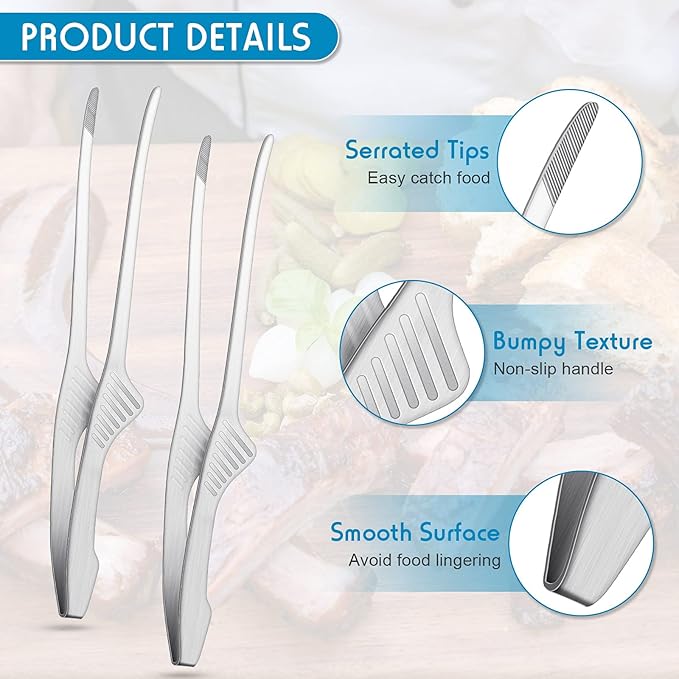 Patelai Korean and Japanese BBQ Tongs Non Slip Cooking Utensils Stainless Steel Tongs for Serving Food, Salad, Camping, Barbecue, Buffet, Oven with Support Stand(Silver,8 Pieces)