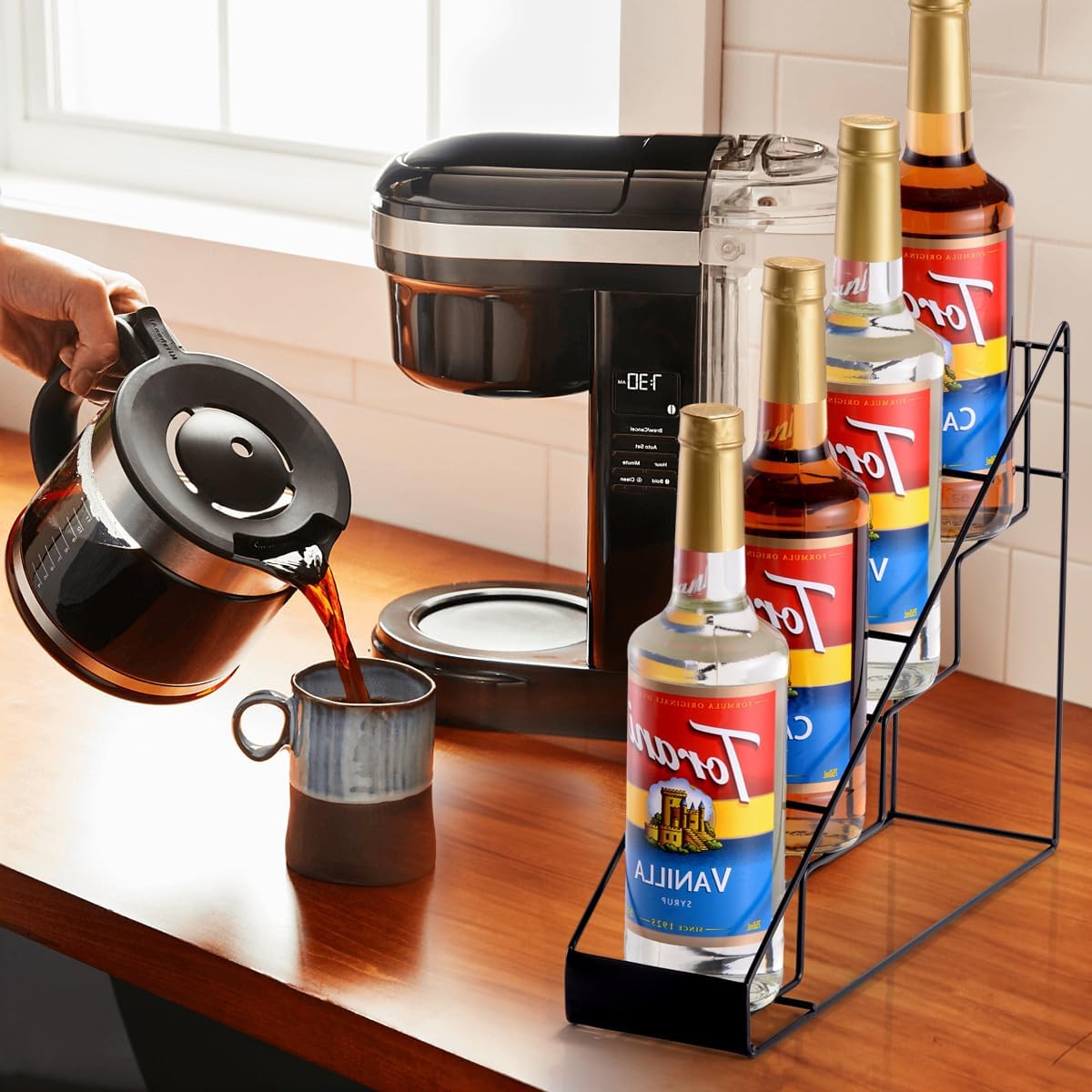 Coffee Syrup Rack for Coffee Bar Accessories, Fits with Torani and Monin Syrup, Coffee Bar Organizer Holds 4 Bottles