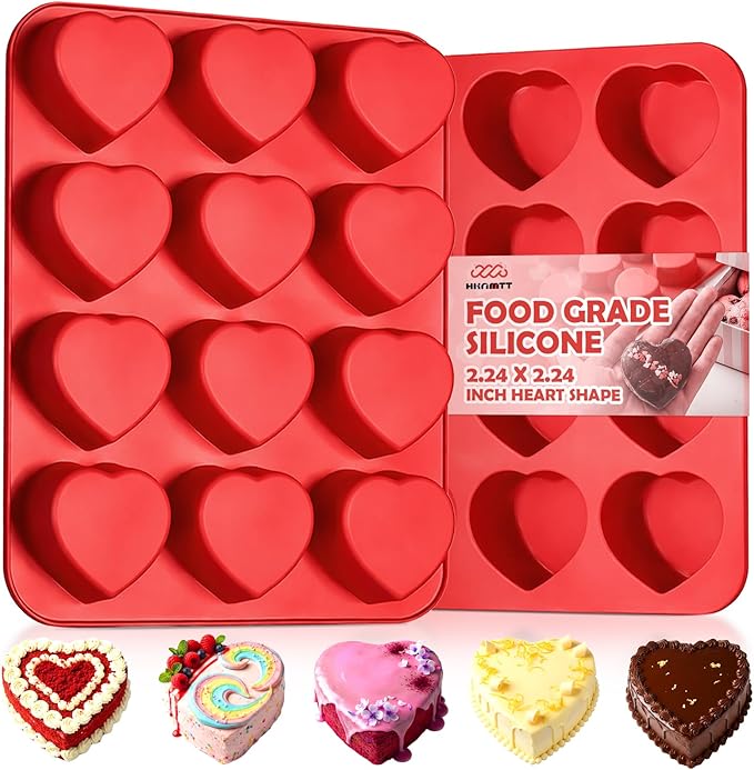 HKNMTT Silicone Heart Molds Valentine's Day for Chocolate Muffin Chocoflan Cake Egg Bites Jello Soap Cupcake Baking, 12 Cavities 2 Pack Love Shapes Red Dessert Pan Handmade DIY Gift Oven Safe Mould