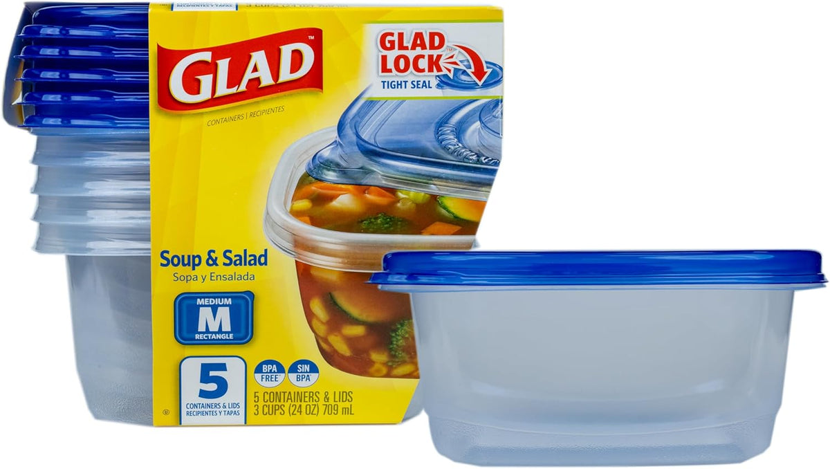 Glad GladWare Soup & Salad Food Storage Containers - Medium Rectangle - Meal Container Holds up to 24 Ounces of Food - Lock Tight Seal, 5 Count