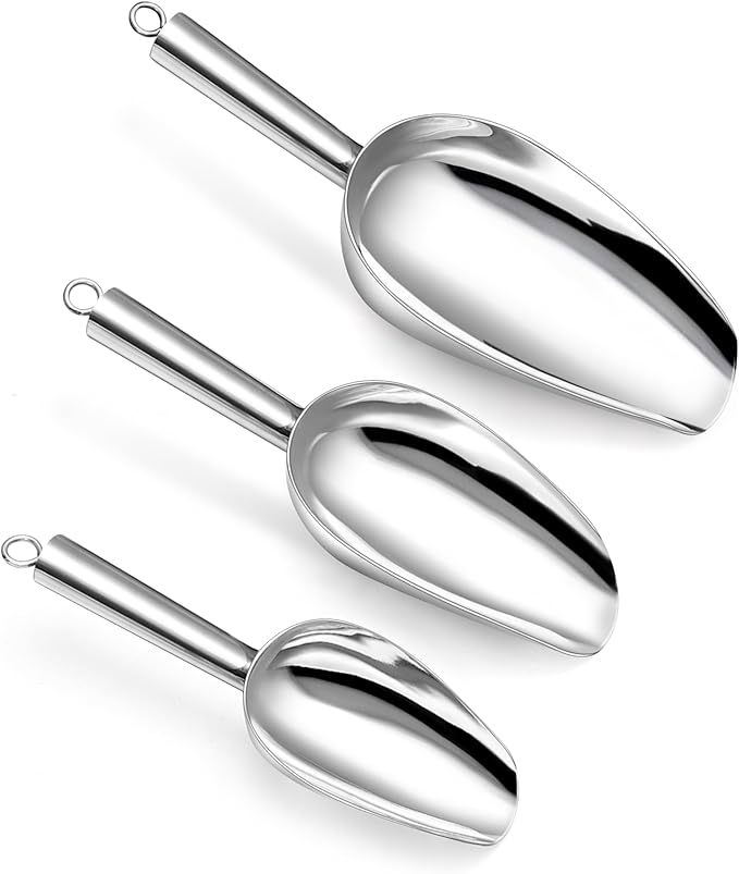 P&P CHEF Canister Scoop Set of 3, Ice Candy Scoop, Stainless Steel Multipurpose Food Scooper for Buffet Jar Freezer, Mirror Finish & Dishwasher Safe, Silver, 3+6+8 Oz