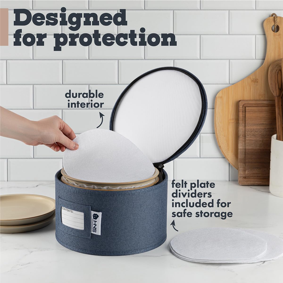 Serving Platter Storage Container - Hard Shell China Organizer with Dividers - Holds 12 Plates of 10" - Durable & Stackable Storage Box for Seasonal Dishware Protection - Denim Blue