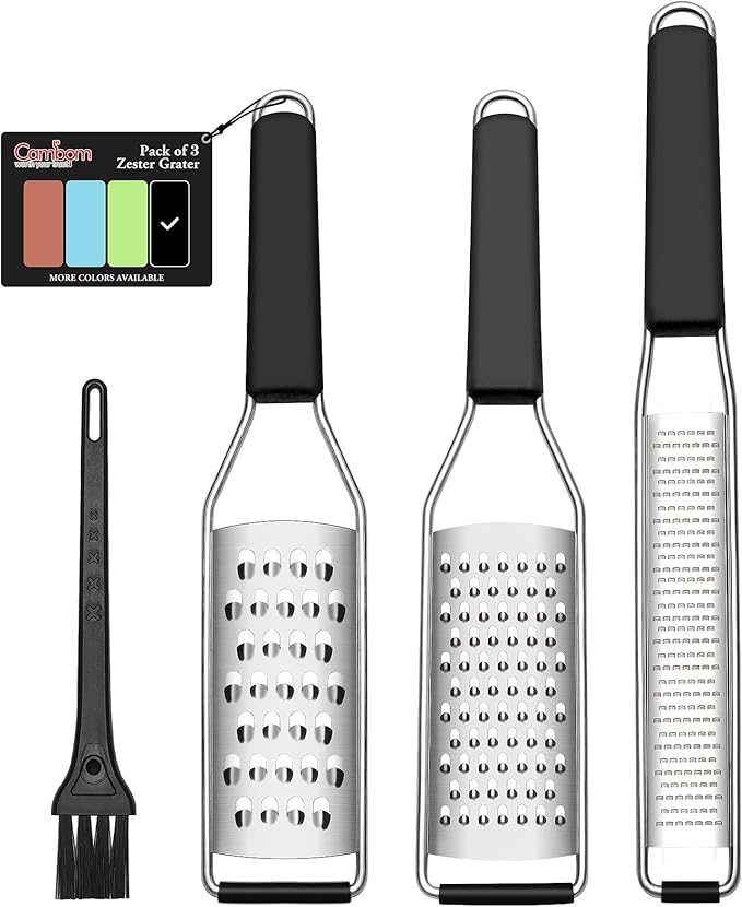 Cambom Lemon Zester Grater Three-piece Suit - Heavy Duty Kitchen Tool for Parmesan Cheese, Ginger, Garlic, Nutmeg, Chocolate, Vegetables，Fruits，Stainless Steel Grater Dishwasher Safe Black