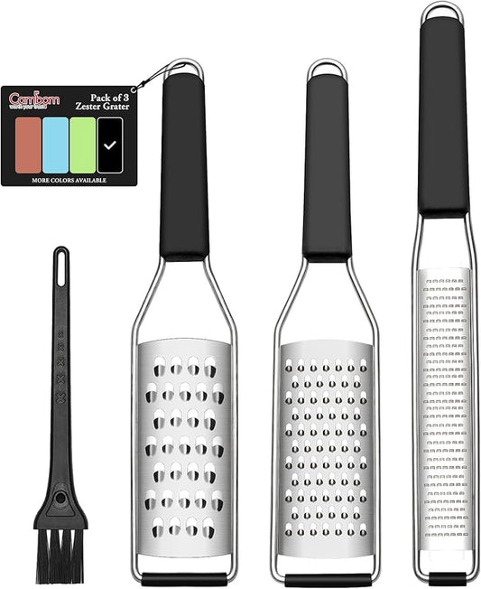 Cambom Lemon Zester Grater Three-piece Suit - Heavy Duty Kitchen Tool for Parmesan Cheese, Ginger, Garlic, Nutmeg, Chocolate, Vegetables，Fruits，Stainless Steel Grater Dishwasher Safe Black