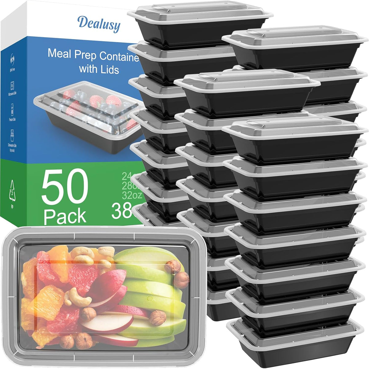 50 Pack (100-Piece) 38 oz Meal Prep Containers Reusable with Lids, Sturdy Leakproof & Food Safe, Microwave, Freezer, Dishwasher Safe Prep Containers, To Go Take Out Plastic Food Storage