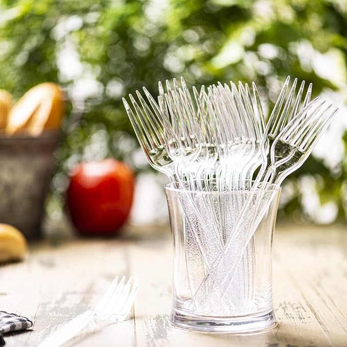 Comfy Package [300 Pack] Heavyweight Clear Plastic Forks with Engraved Design - Disposable Sturdy Plastic Utensils for Parties, Weddings, and Events