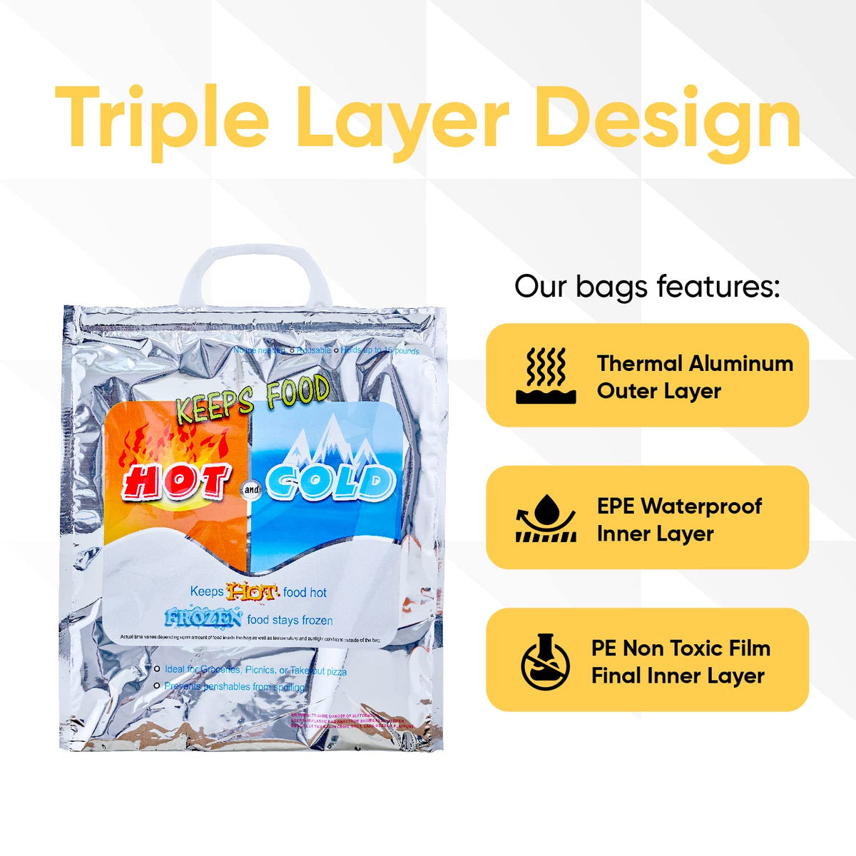 Superio Hot and Cold Insulated Bags for Food Delivery, Grocery Shopping Bags, Food Storage for Hot and Frozen Food for Travel, Disposable Cooler Bag, Reinforced Thermal Lunch Bag (12, 16"x19.25")