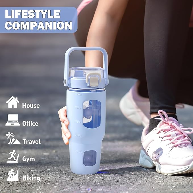 BLUEGO 32oz Glass Water Bottles with Straw Time Marker Half Gallon Large Motivational Water Bottle with Silicone Sleeve 2 Liter Large Glass Water Jug for Gym, Sports& Workout, Daily, Light Blue