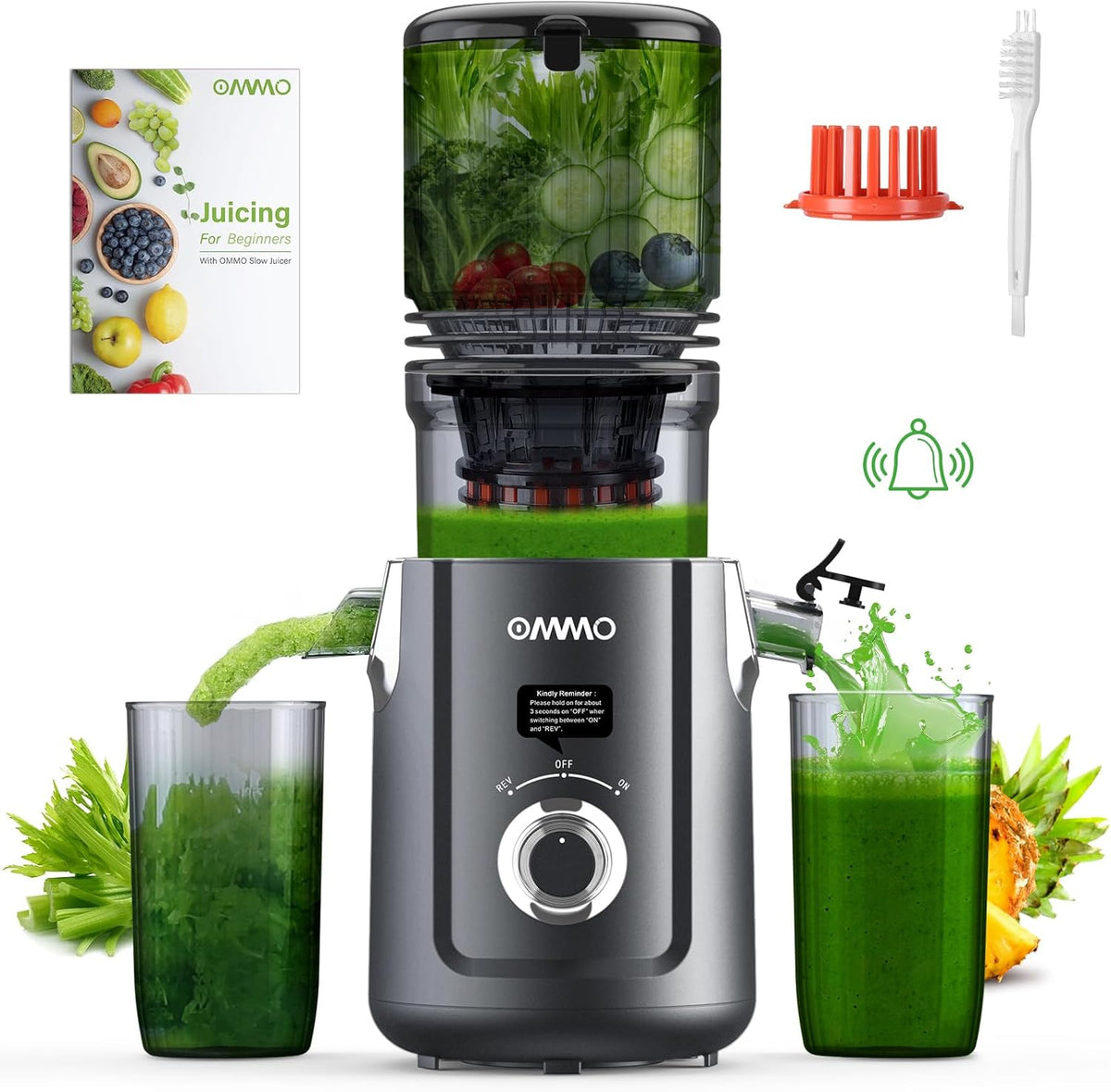 OMMO Cold Press Juicer Machines: 5.1" Feed Chute for Whole Fruits & Veggies, 300W Slow Juicer BPA Free for Kids, Beep Alert Easy Clean Juicers for Busy Mornings/Moms/Fitness/Healthy Living, Grey