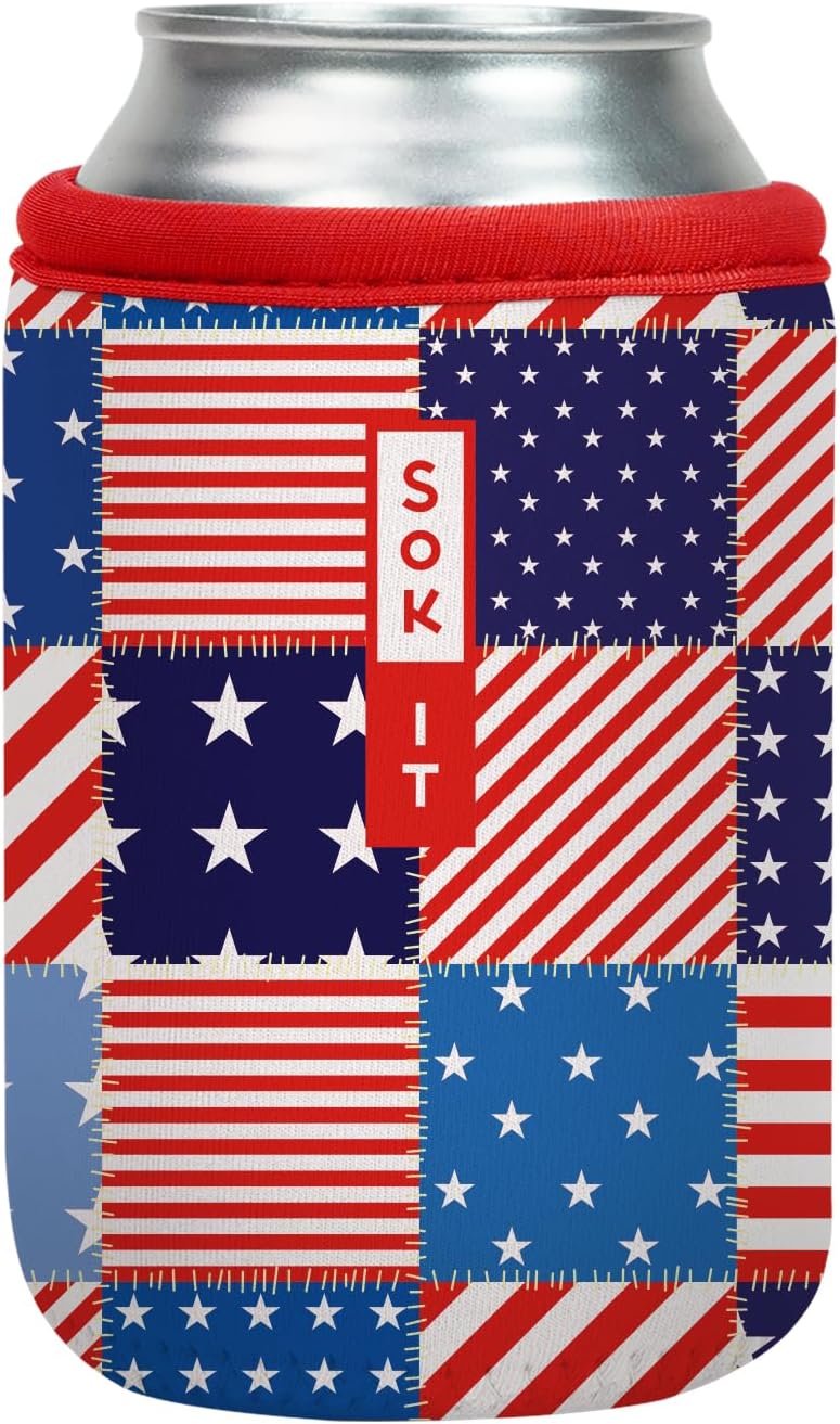 Sok It CanSok Sleeve for Beer & Soda Insulated Neoprene Cover (Patriotic Patchwork, 12oz Can Sleeve)