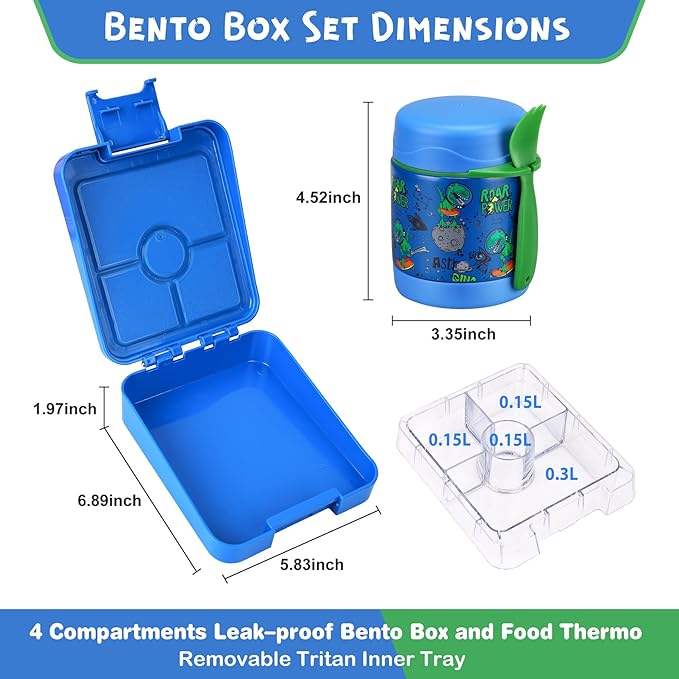 Pawtong Bento Lunch Box Set With 10oz Soup Thermo, Leak-proof Lunch Containers with 4 Compartment, Kids Hot Thermo Food Jar/Insulation Lunch Bag, Food Containers for School（Dinosaur）