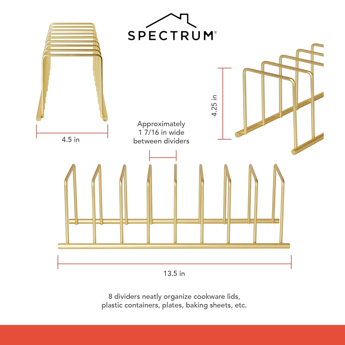 Spectrum Euro Cutting Board Holder Stand for Countertop or Inside Kitchen Cabinet Organization Gold, 8 Slot Cutting Board Drying Rack or Cabinet Plate Bakeware Storage Organizer
