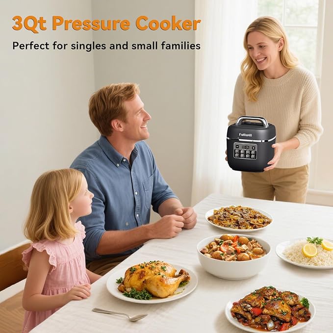 Fullwill Electric Pressure Cooker Lite, Slow Cooker, Rice, Sauté, Warmer, Olla de Presion Nonstick Pot 3 Quarts