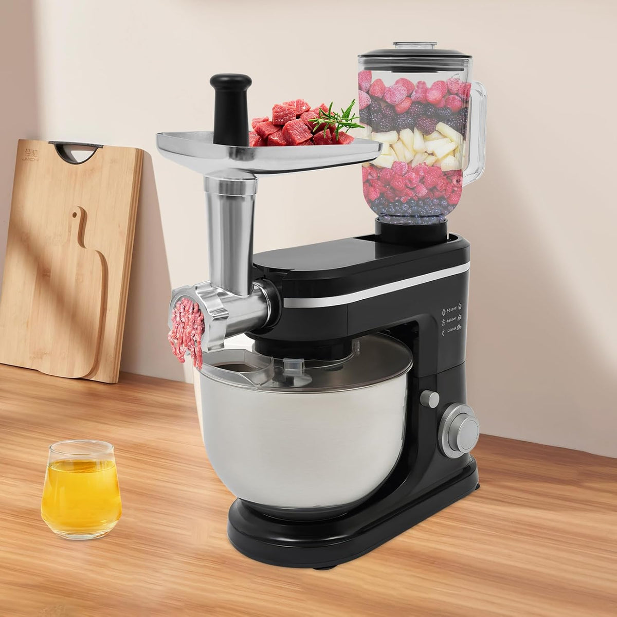 Stand Mixer, 3-in-1 Food Processor Multifunctional Electric Kitchen Mixer with 6 Accessories for Most Home Cooks, 6.34 Qt (Black)