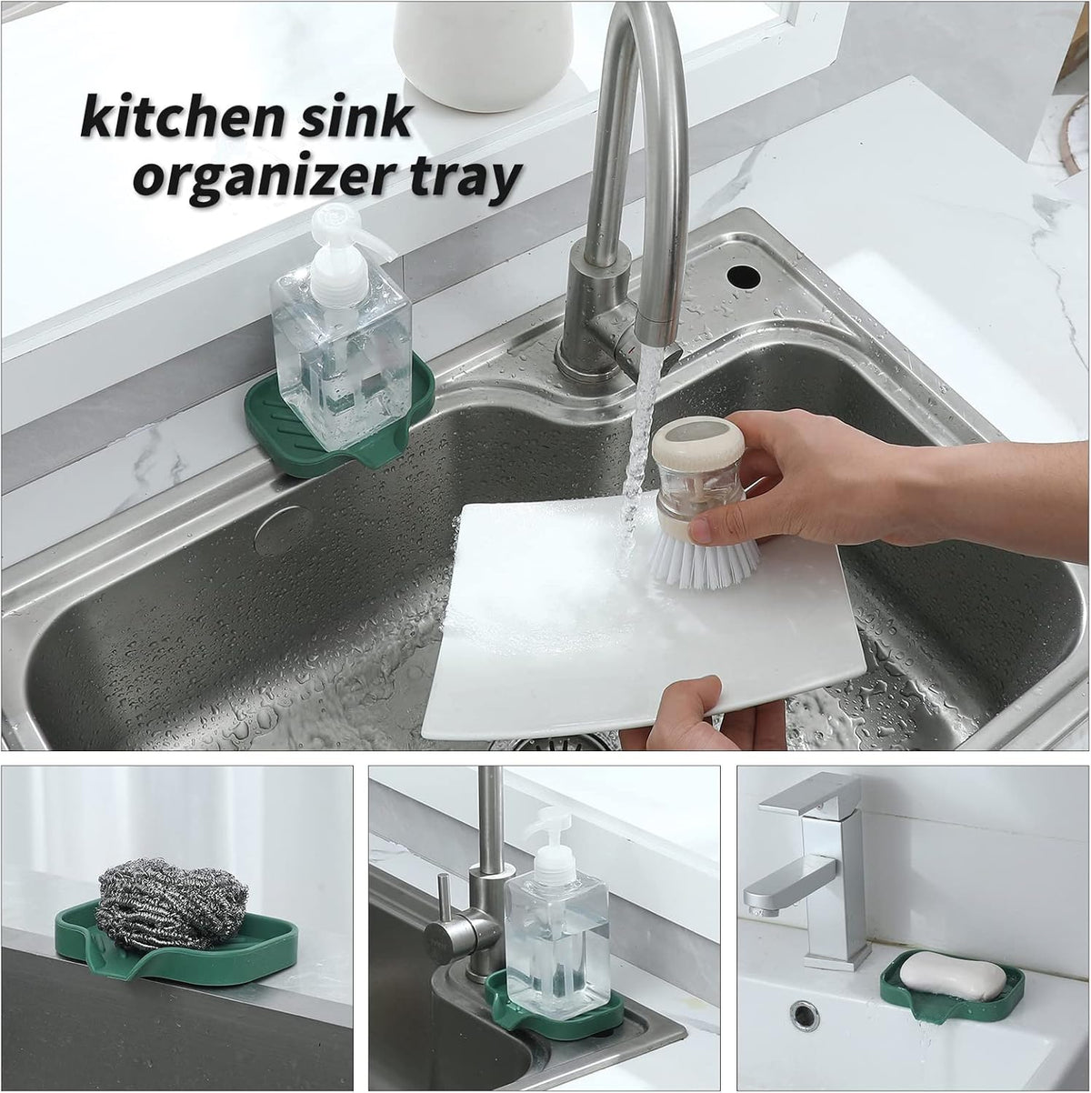 Silicone Bathroom Soap Dishes with Drain Spout-Bathroom and Kitchen Sink Organizer,Sponge Holder,Dish Soap Tray,Perfect for Dispenser,Scrubber,Bottle,Cup on Sink or Counter-Green 4.9"×3.2"