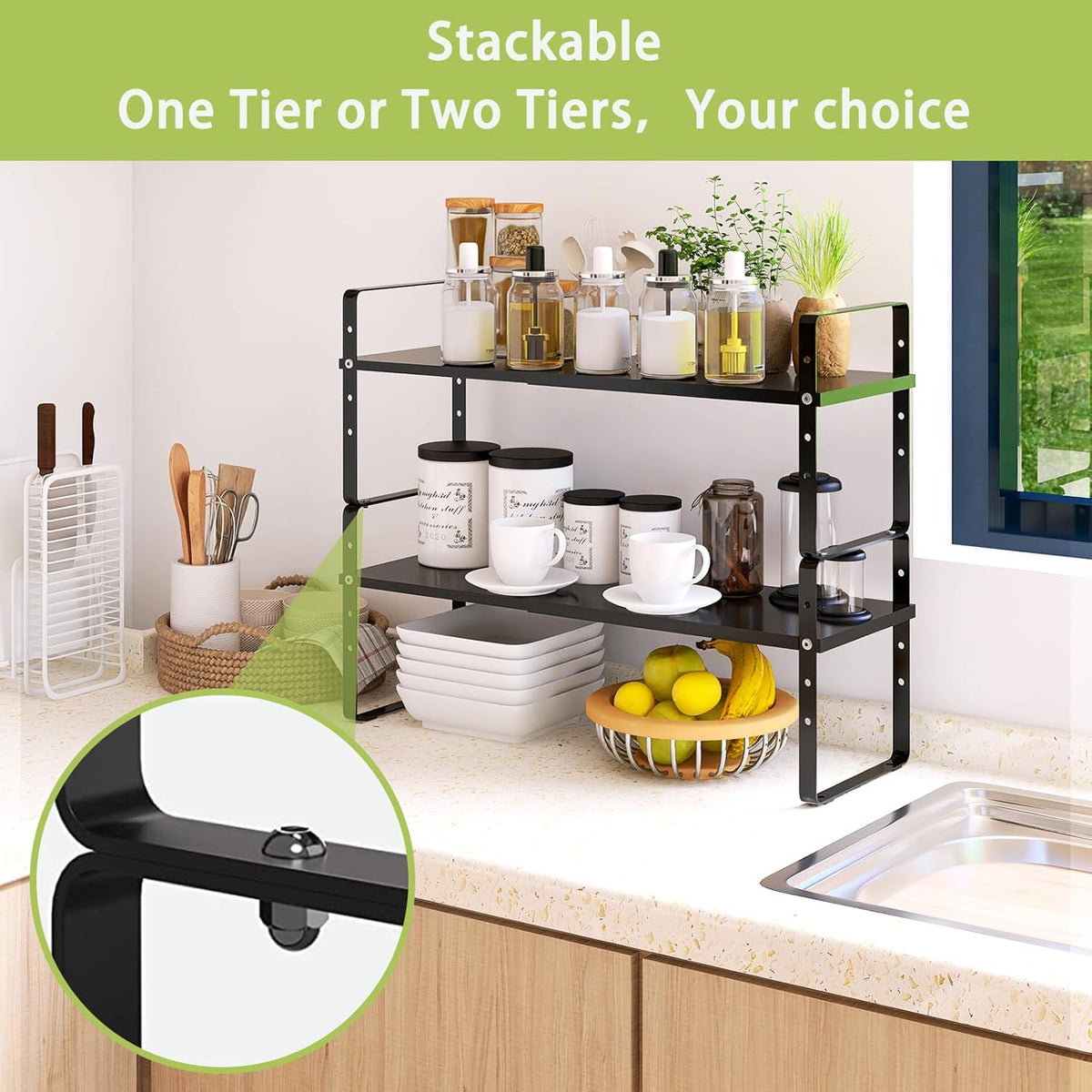 Expandable Cabinet Shelf Organizer Rack, Stackable Kitchen Countertop Organizer Storage Shelves, Adjustable Height Pantry Counter Shelf Riser Spice Rack (Black, 2 Pack)