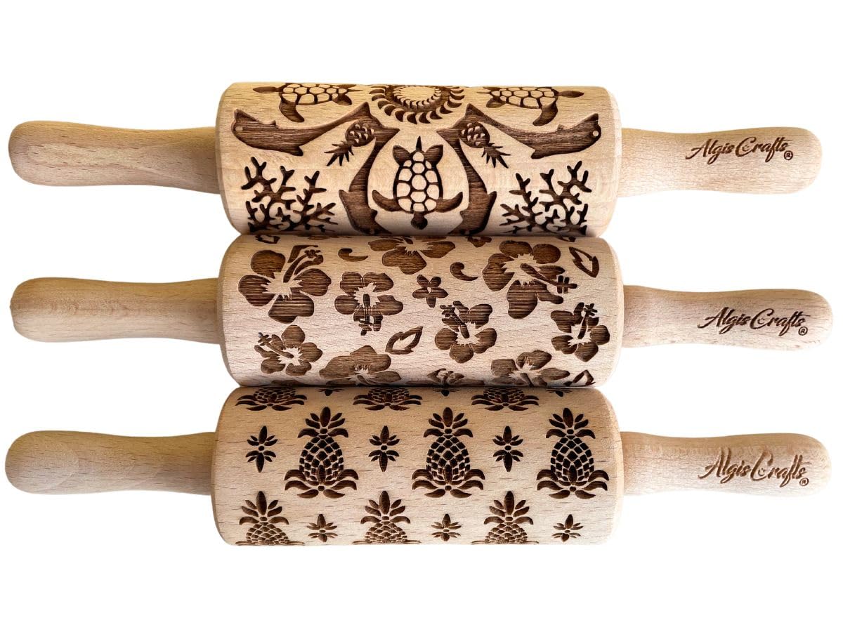 HAWAII 3 KID Rolling Pin SET. Wooden Laser Cut Mini Rolling Pins for cookies, play dough, salt dough by Algis Crafts