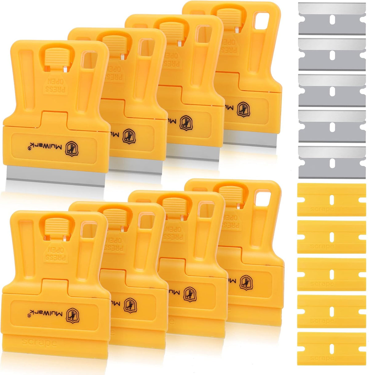 MulWark Razor Blade Tool Set, 8-Pack Mini Plastic Scrapers with 5 Plastic & 5 Metal Blades - Paint Remover, Window Cleaner, Glass Tool, Oven Cleaner, Blade Remover