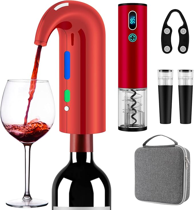Wine Bottle Opener Christmas Day Gift Set with Electric Wine Opener, Wine Decanter&Wine Aerator and Pourer, wine stopper, Foil Cutter and EVA Storage Bag, Rechargeable and Automatic-(Christmas Red)