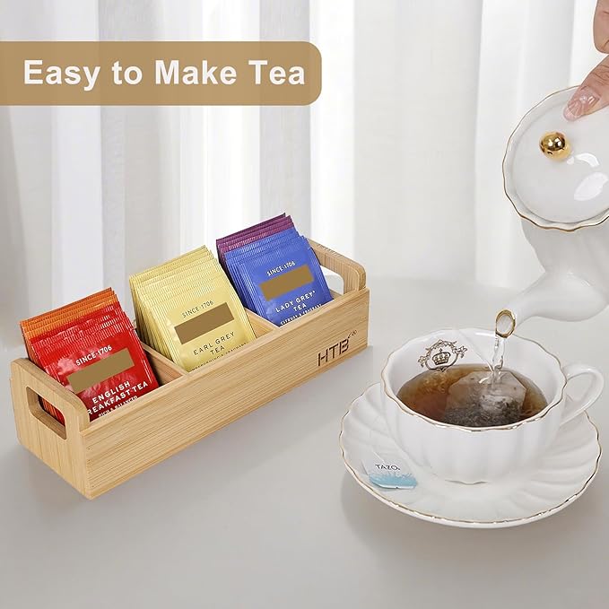 HTB Small Tea Bag Holder Pack of 2, Bamboo Tea Organizer 3 Compartments for Beverage Suppliers, Sweeteners, Individual Packets, Portable Tea Bag Organizer for Home Kitchen Counter or Office