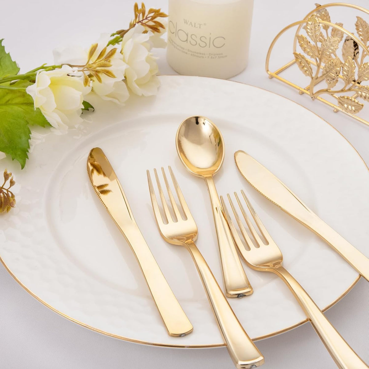 Liacere 200Pcs Gold Plastic Silverware-Gold Plastic Cutlery - Disposable Silverware include 100 Forks 50 Spoons 50 Knives Perfect for Parties&Weddings&Restaurants&Thanksgiving
