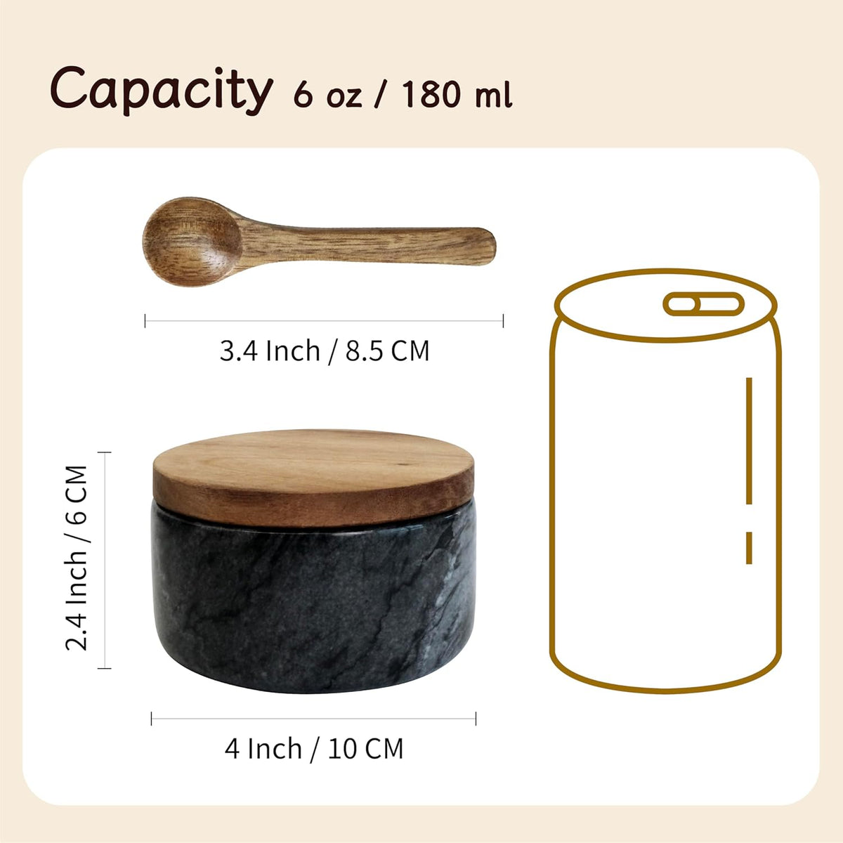 Marble Salt Cellar with Acacia Wood Lid and Spoon – 4-inch Salt Box with Spoon Slot, Kitchen Spice Container for Salt, Sugar, or Spices (Grey)