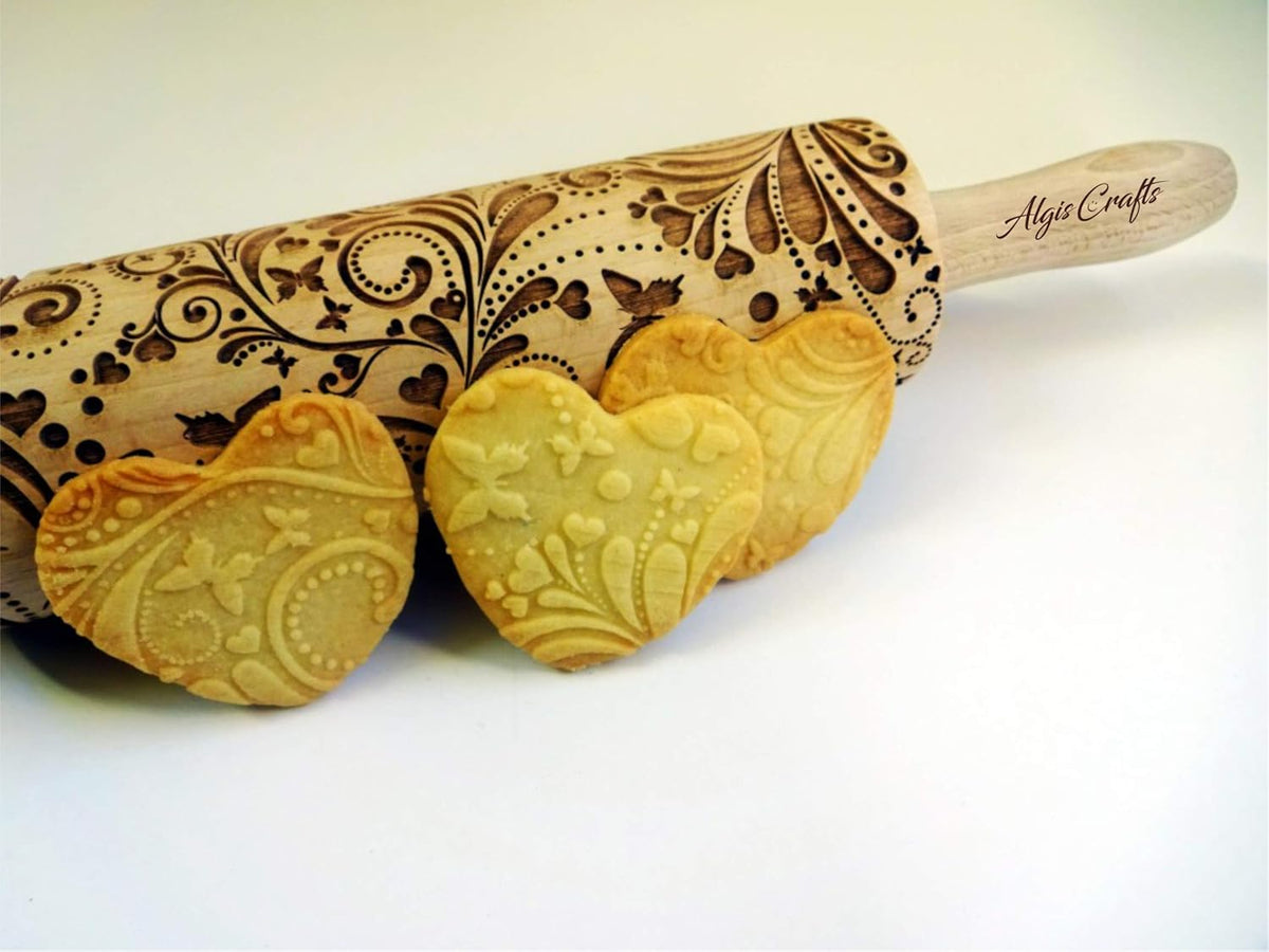 ROLLING PIN SPRING WOODDEN EMBOSSING ROLLING PIN with BUTTERFLIES and FLOWERS EMBOSSED COOKIES GIFT FOR MOTHER FRIEND