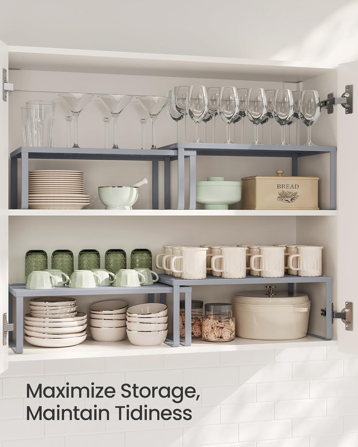 SONGMICS Spice Racks, Set of 2 Metal Cabinet Shelf Organizers, Countertop Organizers, Shelf Risers, Stackable, Expandable, Silver UKCS401G01