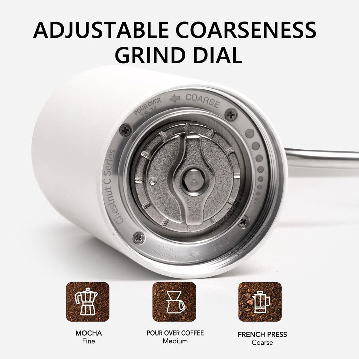 TIMEMORE Manual Coffee Grinder with Stainless Steel Conical Burr Coffee Grinder Chestnut C2 Internal Adjustable Setting Capacity 20g Pour Over Coffee for Travel, Camping, Home White