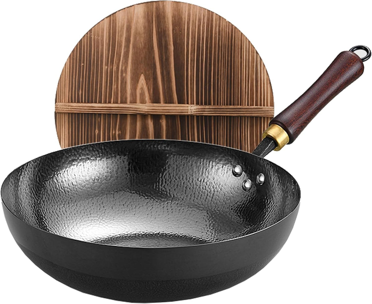 Carbon Steel Pan, 13.5″ Woks & Stir-Fry Pans with Wooden Lid Cookwares, Nonstick Wok, No Chemical Coated Flat Bottom Hand Hammered Chinese Wok For Gas