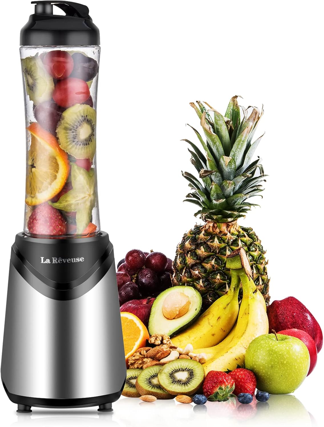 La Reveuse Smoothies Blender Personal Size 300 Watts with 18 oz BPA-Free Portable Travel Sports Bottle, Silver