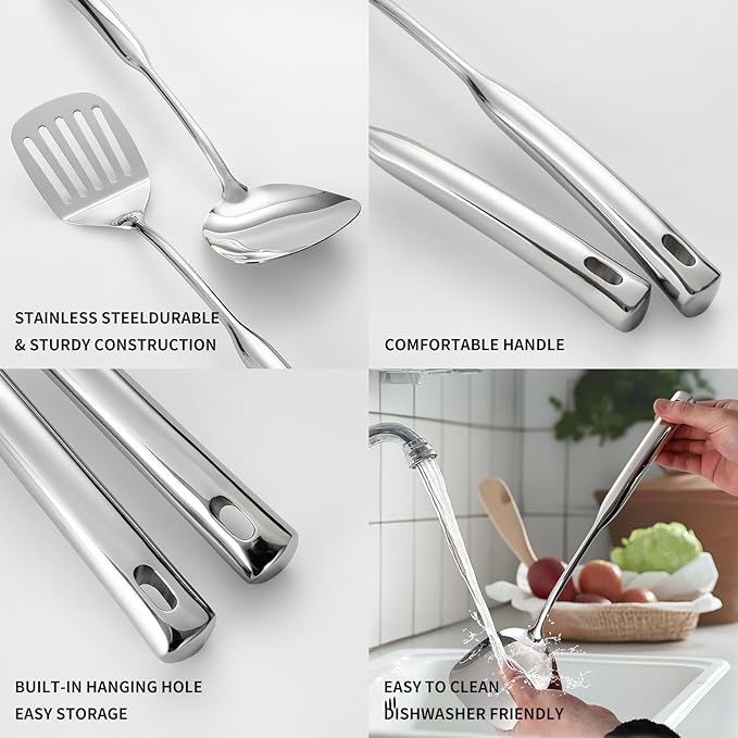 304 Stainless Steel Kitchen Cooking Utensils Set - 9 PCS Serving Utensils, Include Skimmer, Soup Ladle, Spaghetti Server, Wok Spatula, Slotted & Solid Spoon, Slotted Spatula Turner, Meat Fork (Silver）