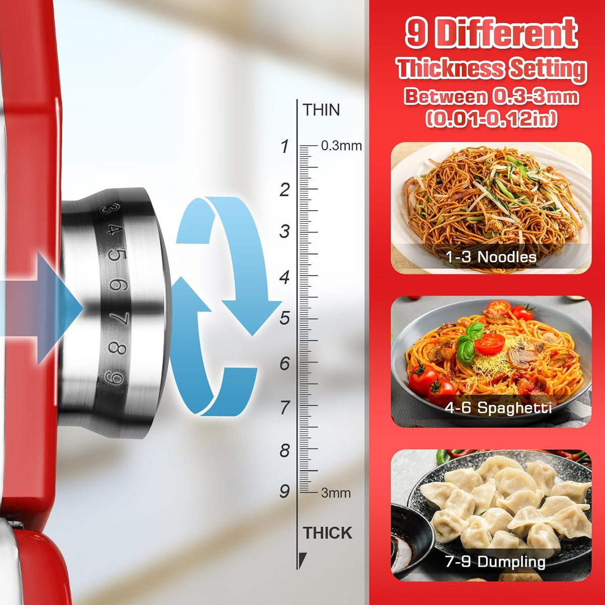 Sailnovo Pasta Maker Machine, 180 Roller Pasta Maker, 9 Adjustable Thickness Settings 2-in-1 Noodles Maker with Rollers and Cutter, Perfect for Spaghetti, Fettuccini, Lasagna or Dumpling Skin Red