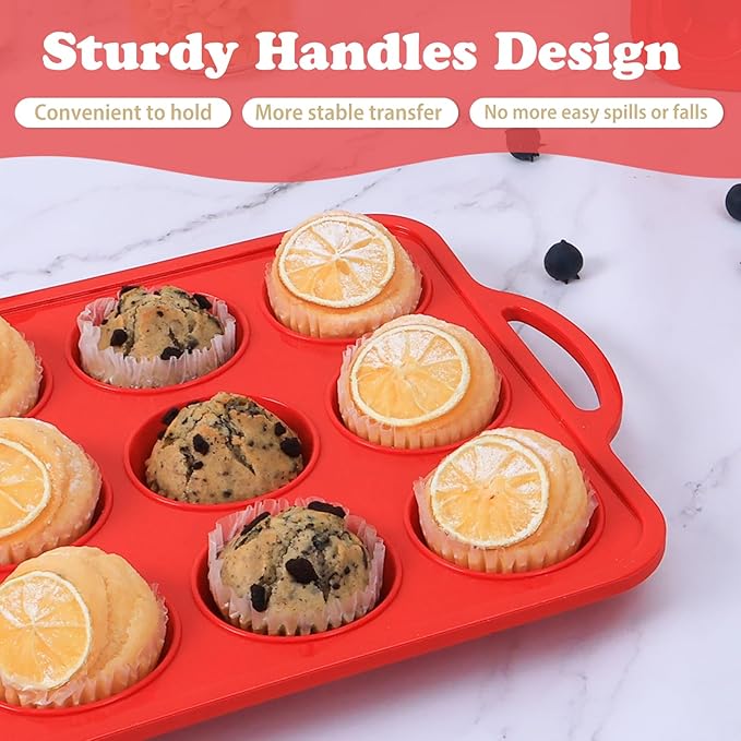2 Pack Silicone Muffin Pan with Metal Frame, Non-stick Regular Silicone Cupcake Pan with Handles 12 Cup, Silicon Muffin Tin Tray for baking, egg bites, Cupcake Mold, BPA Free Red