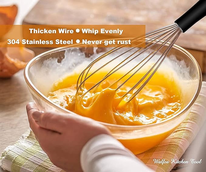 Walfos Whisk,Whisks for cooking set, 304 Stainless steel Whisks,Heat Resistant 600°F.Perfect for Blending Beating Stirring - 11inFlat Whisk and 7+9+11in Balloon Whisk