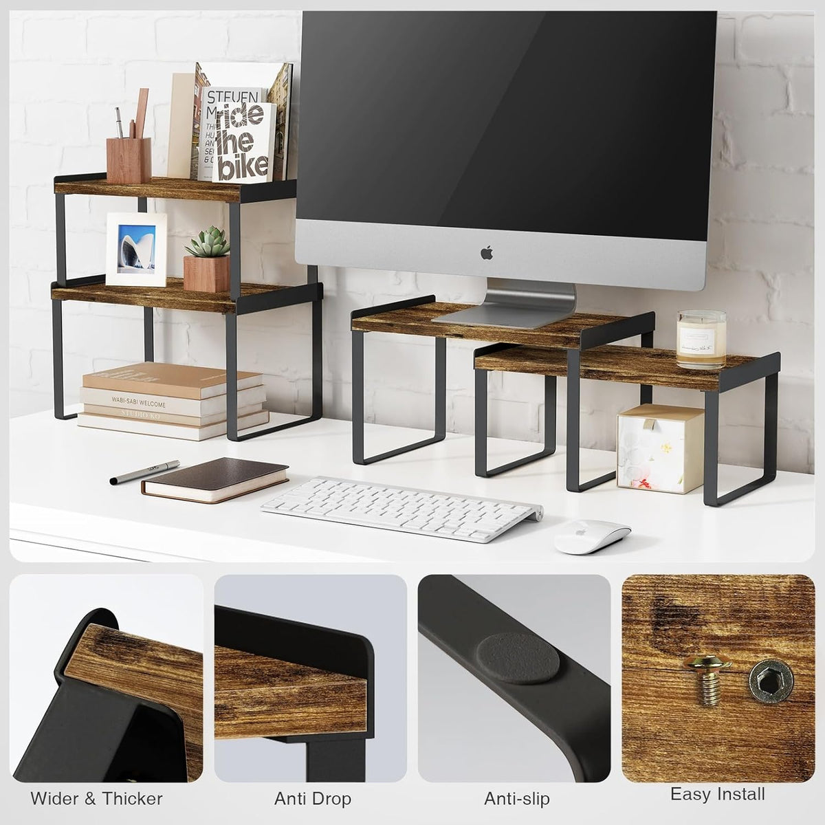 Kitchen Cabinet Organizers and Storage Shelves, Rustic Farmhouse Desk Shelf Riser for Cabinets, Black Expandable Corner Glasses Medicine Cabinet Organizer under Bathroom Sink - Set of 4