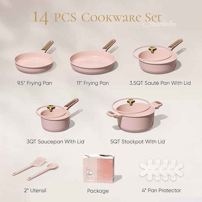 CAROTE Ceramic Cookware Set Nonstick, 14pcs Pots and Pans Set Nonstick, Non-Toxic & PFAS-Free, Dishwasher, RV/Camping Cookware Set, Cooking Pots with Lids, Pink Blush