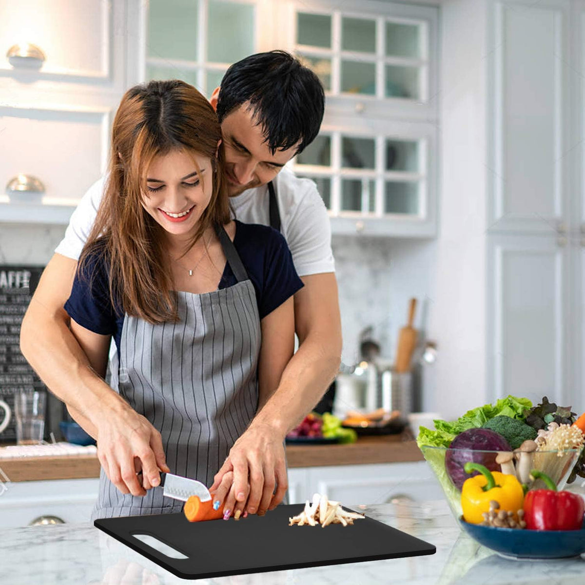 Fotouzy Plastic Utility Cutting Board with Handles, Food Safe PP Material, BPA Free, Dishwasher Safe, Thick Chopping Board, Large Size, Easy Grip Handle, for Kitchen (Black)
