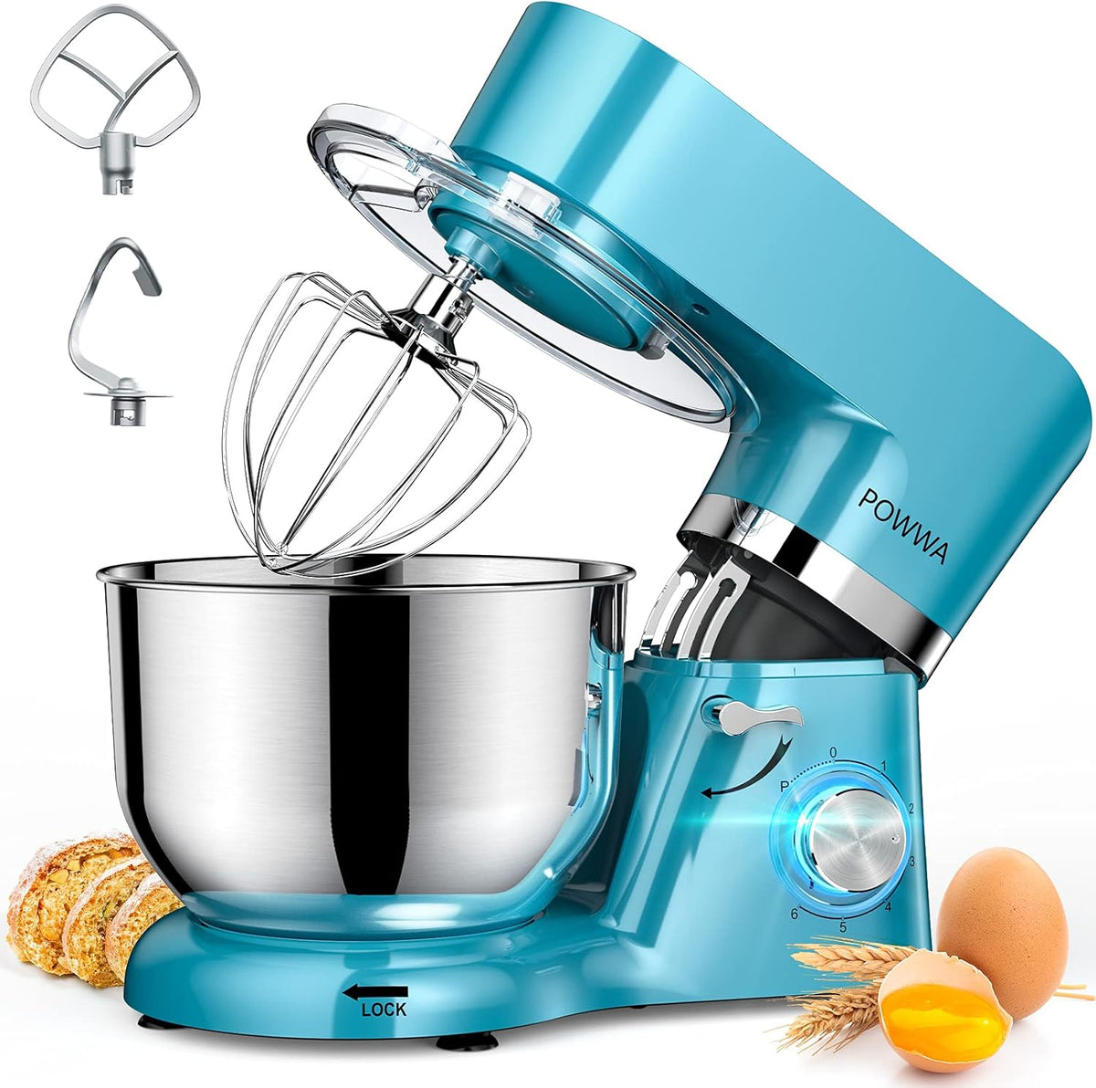 Stand Mixer, POWWA 7.5 QT Electric Mixer, 6+P Speed 660W Household Tilt-Head Kitchen Food Mixers with Whisk, Dough Hook, Mixing Beater & Splash Guard for Baking, Cake, Cookie, Kneading (Blue)