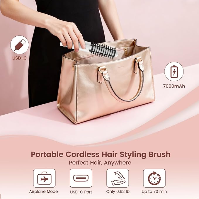 Youbella Cordless Hair Curling Iron Brush, Portable Travel Hair Curler, Mini 1.5″ Heated Round Brush, 3-in-1 USB Rechargeable Straightening Wand for Styling & Smoothing, 200 Million Ionic Care, White
