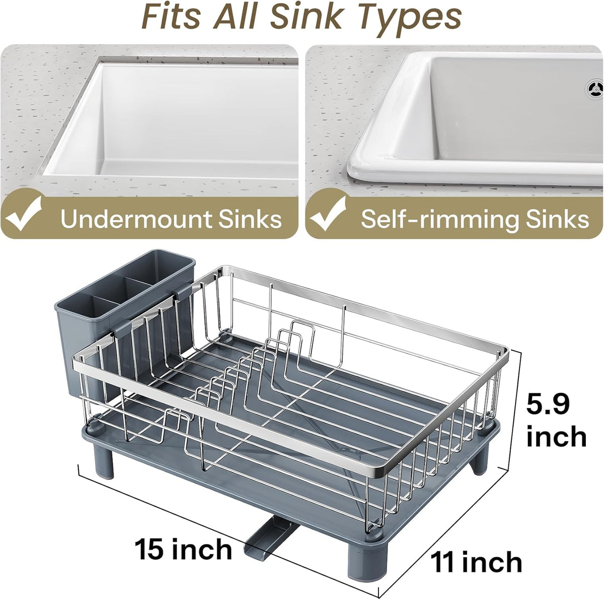 Dish Drying Rack - Small Dish Rack for Kitchen Counter, Stainless Steel Dish Drainer with Utensil Holder and Drainboard (Silver)