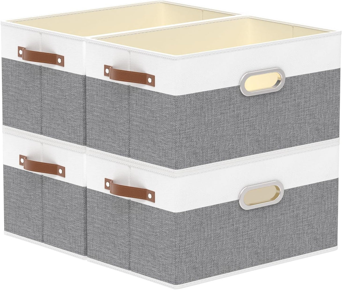 Yawinhe Foldable Storage Baskets for Shelves, Fabric Closet Organizers, Bins with 3 Handles, Cubes for Clothes, White/Grey, 15''Lx9.8''Wx8.3''H, 4-Pack