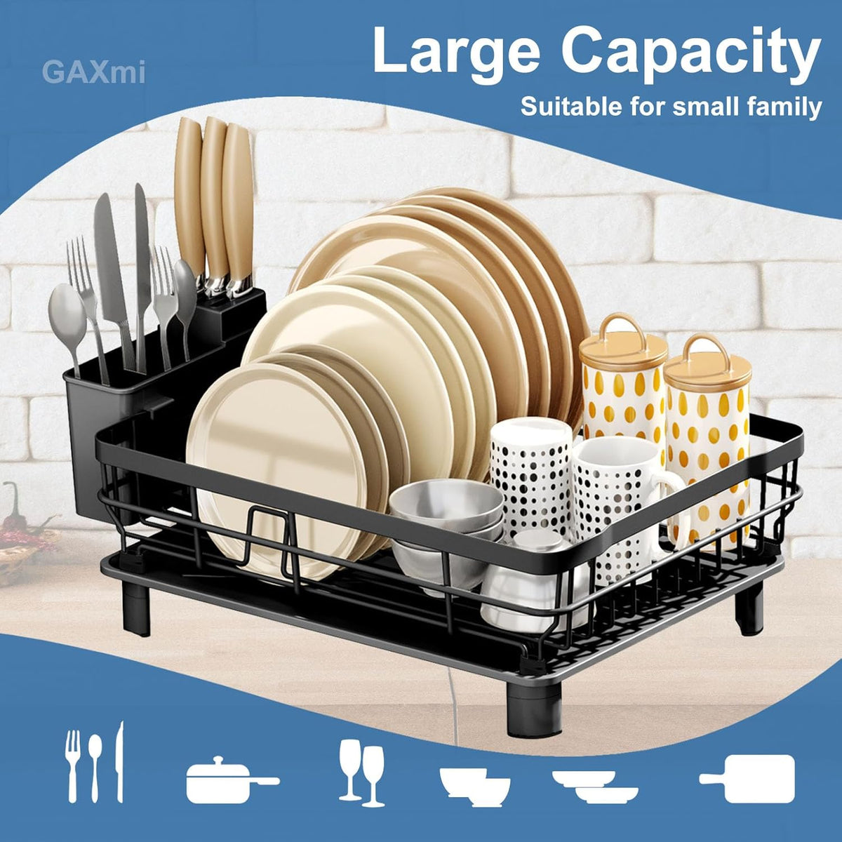 GAXmi Dish Drying Rack Over The Sink Drainer with Drainboard Utensil Holder, 1-Tier Black