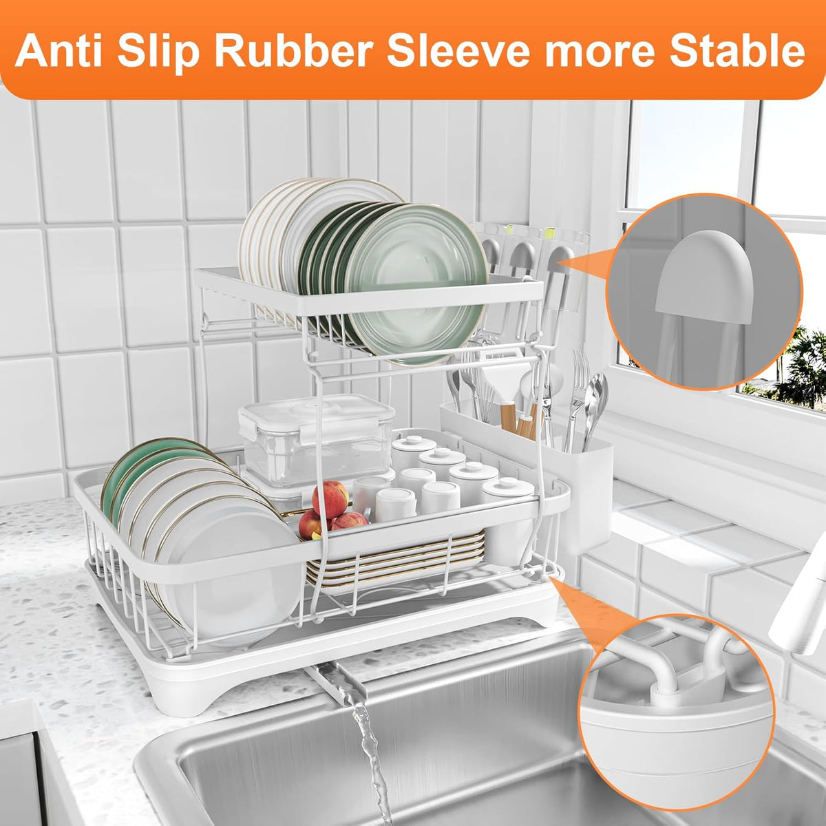 Dish Drying Rack - Auto Draining Dish Rack for Kitchen Counter, Large Capacity Dish Drainers Organizer with Drainboard, 2-Tier Drying Rack with Utensil Holder White