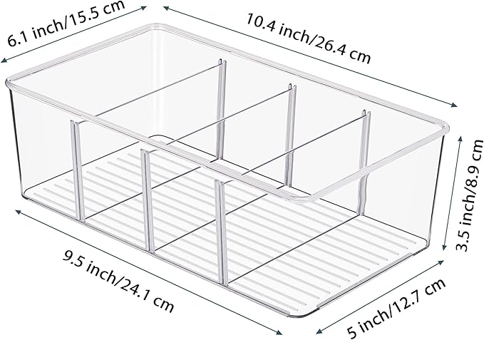 Vtopmart 2 Pack Food Storage Organizer Bins, Clear Plastic Bins for Pantry, Kitchen, Fridge, Cabinet Organization and Storage, 4 Compartment Holder Packets, Snacks, Pouches, Spice Packets