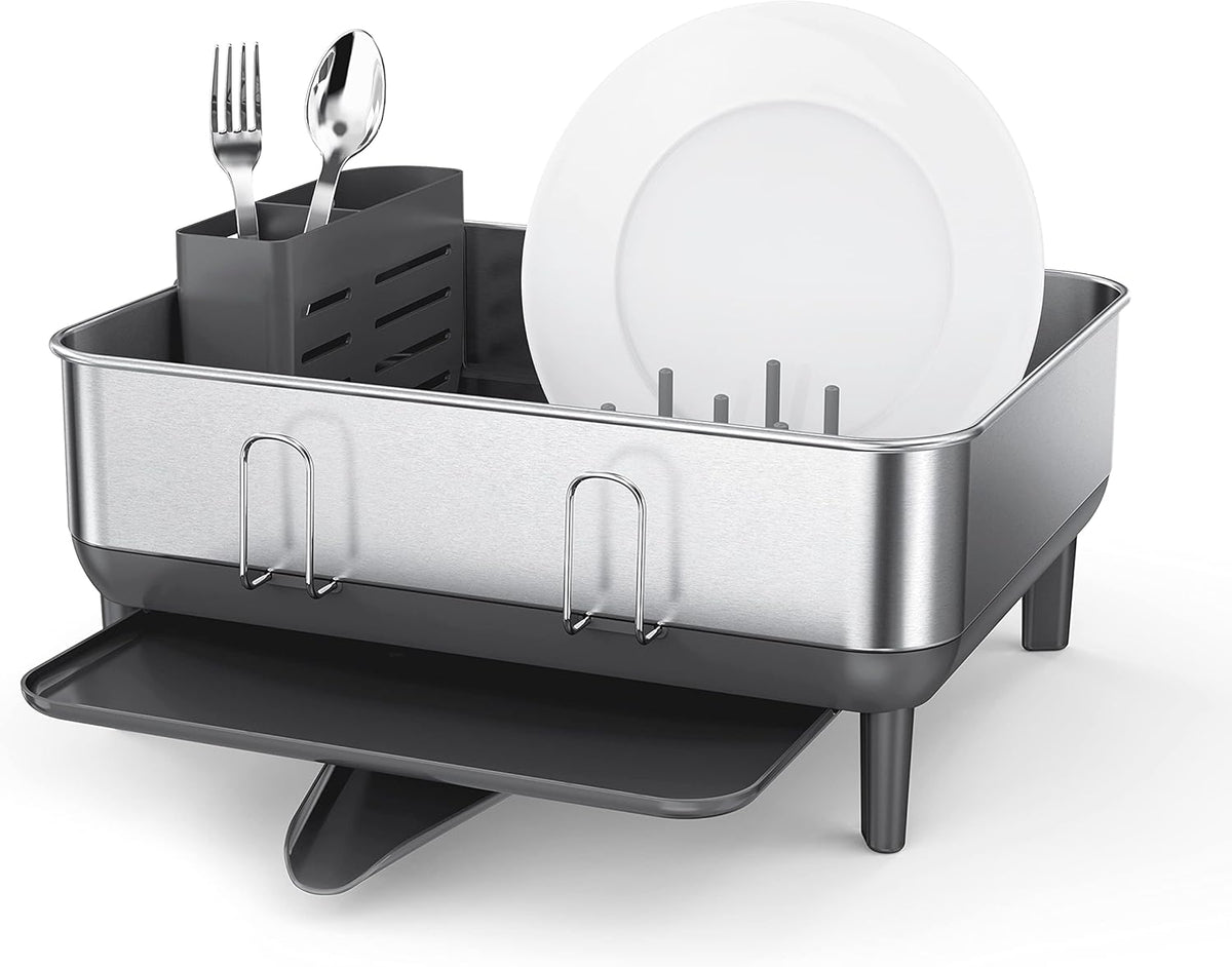simplehuman Compact Dish Drying Rack with Stainless Steel Frame, 360º Easy Drain Swivel Spout, Utensil Holder, Anti-Residue Coating, Moisture Control Surface, Grey
