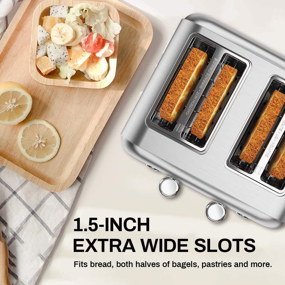 Toaster 4 Slice, Dual Independent Controls, Extra Wide Slot Toasters for Bagel, Bread, Waffles, 7 Shade Settings, 4 Main Functions, Removable Crumb Tray, 1500 Watts, Brushed Stainless Steel
