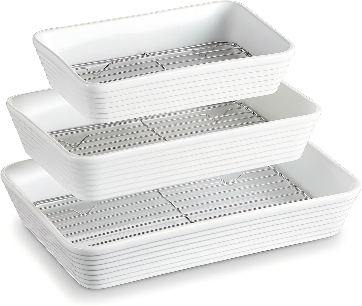 ONEMORE Casserole Dishes for Oven, Ceramic Baking Dish Set of 3 with Roasting Racks Rectangular Large Deep Lasagna Pan without Handles Porcelain Baking Pan with Rack for Oven Cooking (3QT/2.1QT/1.3QT)